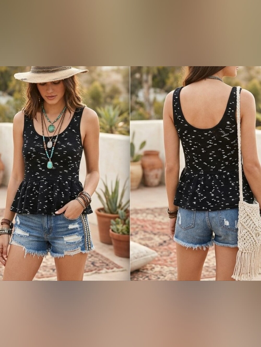 Free People Side By Side Flare Black Knit Tank Top with White Speckle Peplum